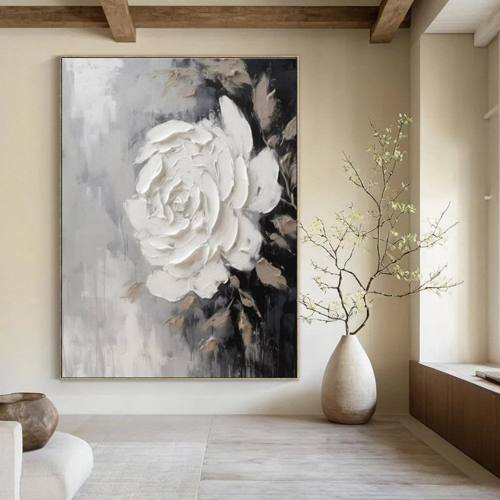 Gray, Black, Beige with Textured White Rose "Tactile Bloom" Abstract Painting On Canvas PS1466