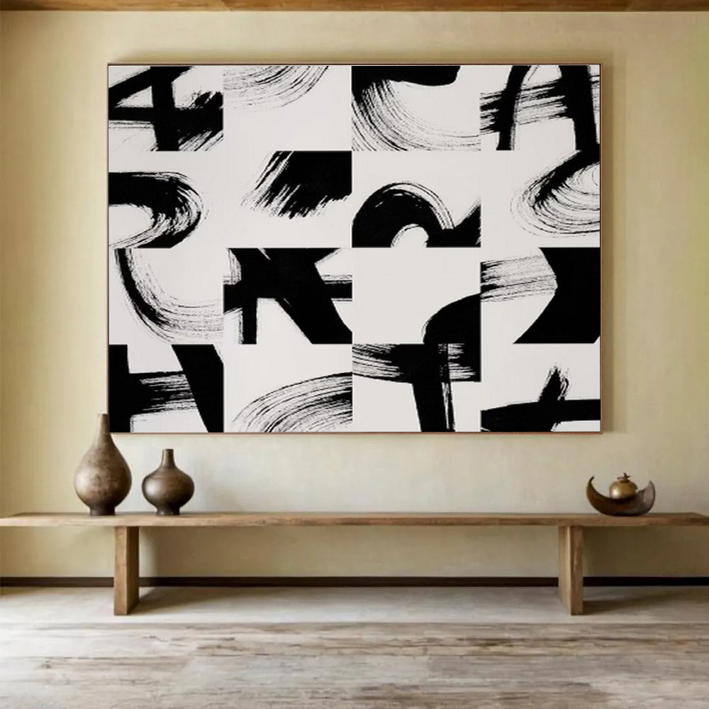 “Geometric Black - White Brushstrokes” - Modern Abstract Painting On Canvas DKS447