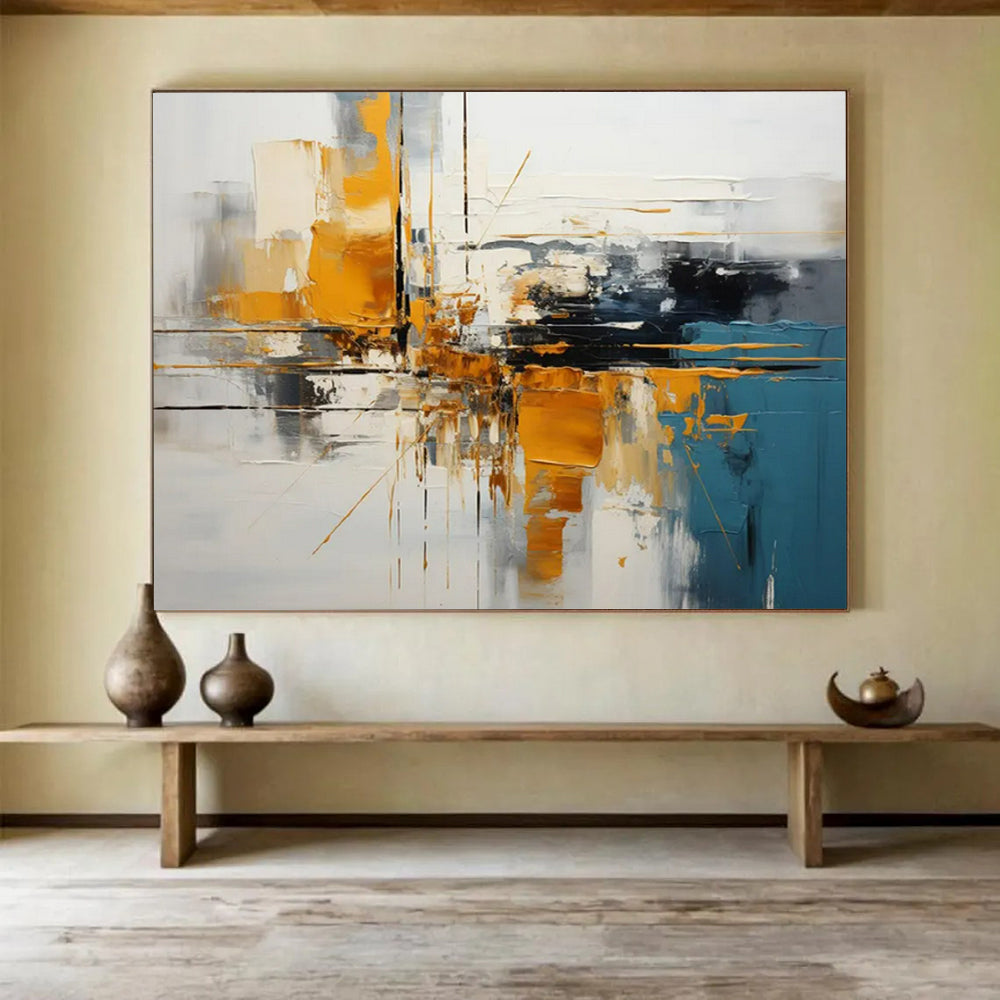 “Gold - Blue Abstract Cityscape” - Abstract Modernist - Painting On Canvas PT1753
