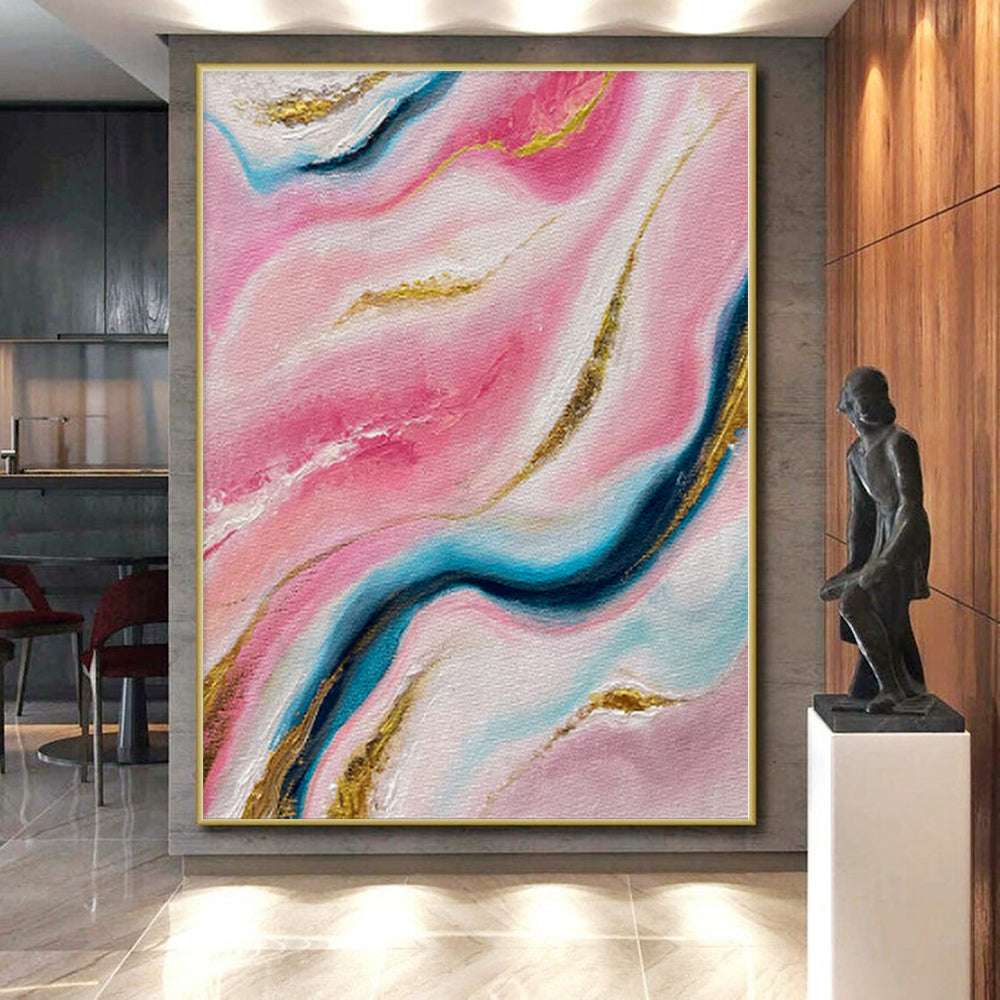 “Pink and Blue Marble - Like Abstract” - Abstract Impasto Painting On Canvas PS0029