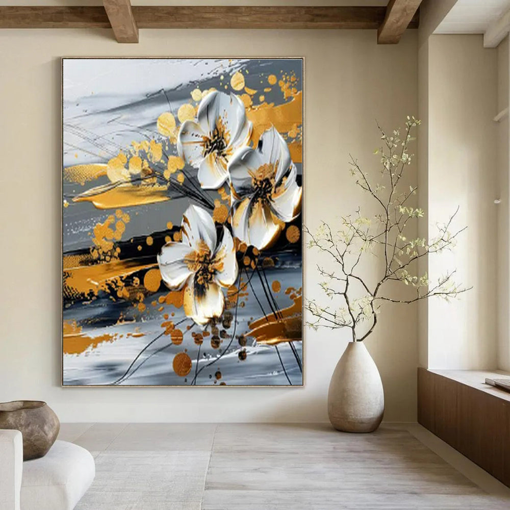 White, Gold, Gray with Textured Flowers "Gilded Blossom" Floral Painting On Canvas PS1254