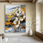 White, Gold, Gray with Textured Flowers "Gilded Blossom" Floral Painting On Canvas PS1254