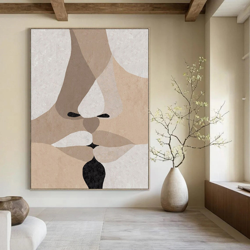 Beige, Brown, White and Black with Layered Facial Forms "Intimate Fusion" Abstract Painting On Canvas PS1157