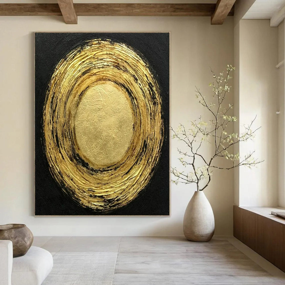 “Gold - Black Circular” - Abstract Minimalist Painting On Canvas PT2330