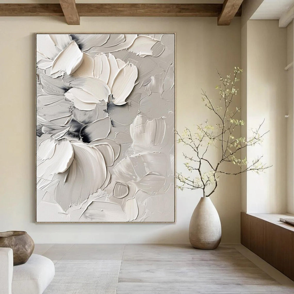 White, Gray, Black with Textured Flowers "Textured Blooms" Floral Painting On Canvas PS1289