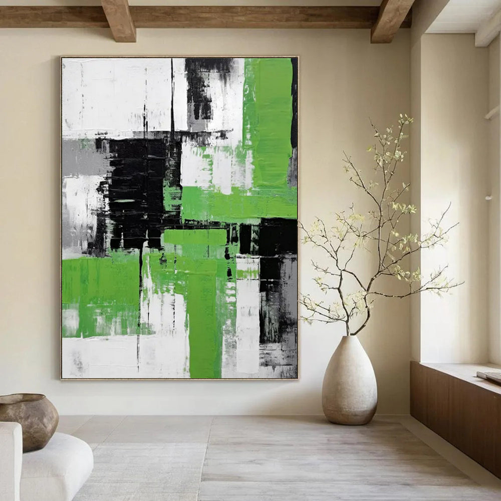 “Green, Black, and White Abstract” - Cubist - Inspired Geometric Painting On Canvas PT2267