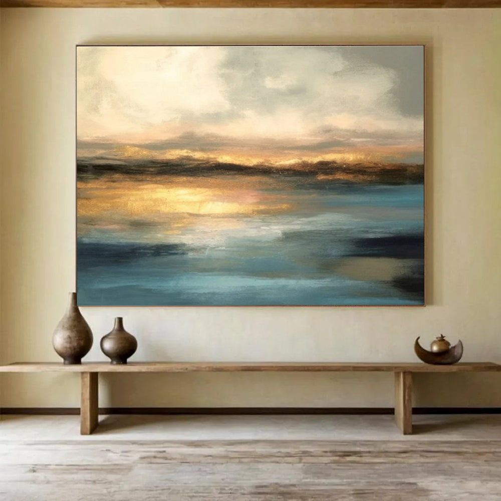 Golden Horizon on Blue - Serene Landscape Painting On Canvas DKS340