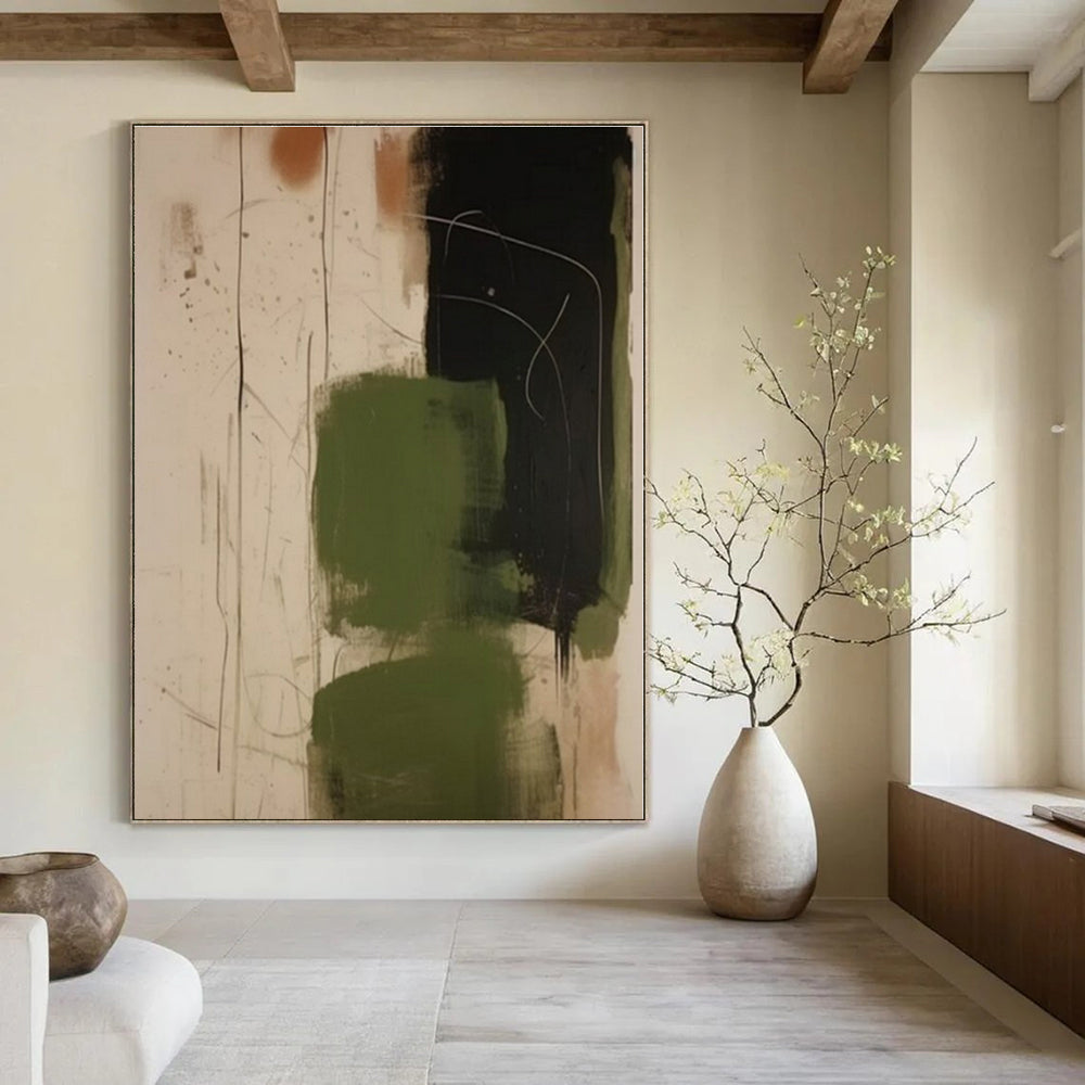 Green, Black, Beige with Loose Strokes "Wild Greens" Abstract Painting On Canvas PS1298