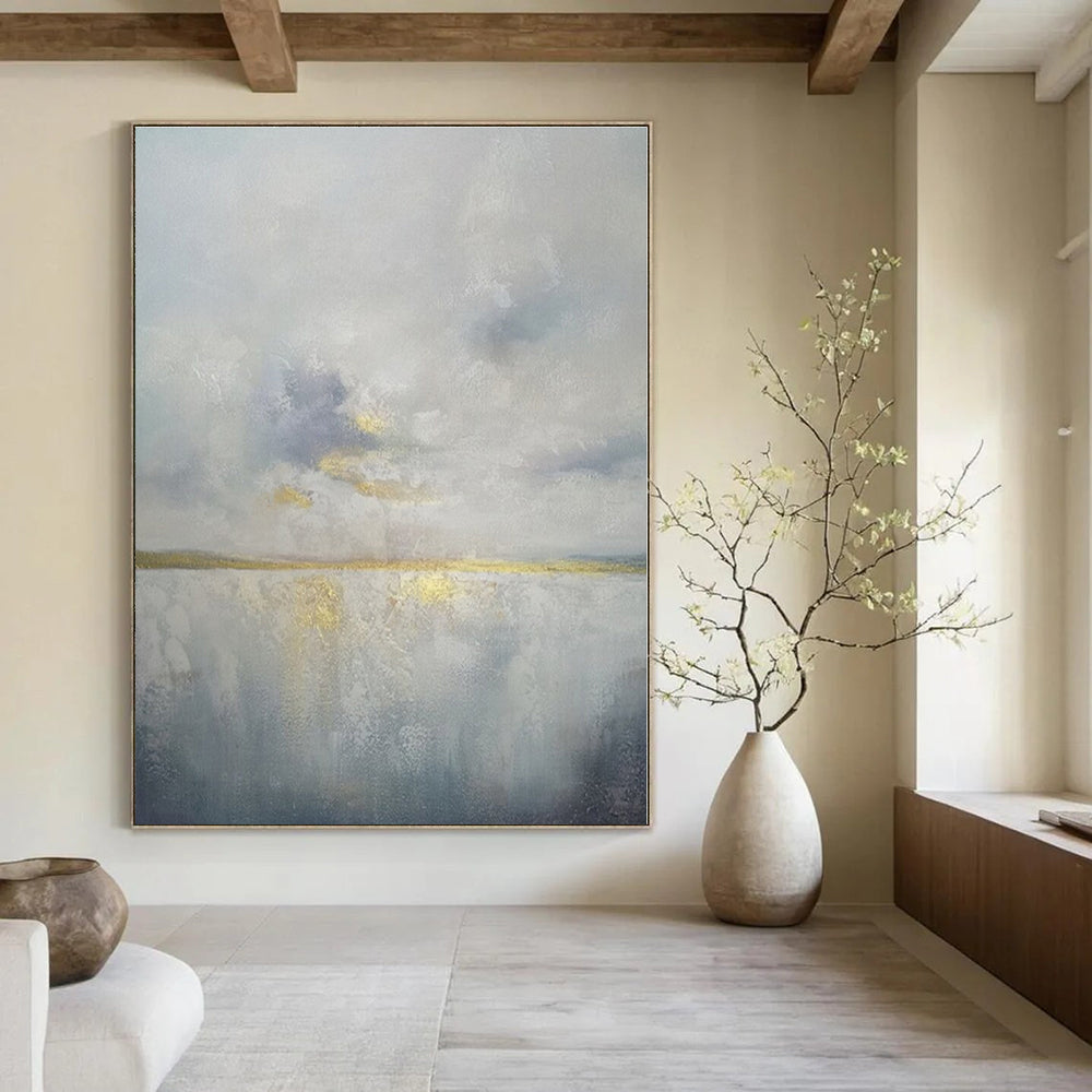 Gray, White, Gold with Subtle Layers "Misty Morning" Abstract Painting On Canvas PS1398