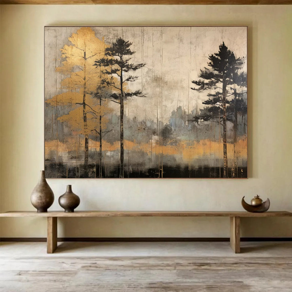 “Golden Trees in Gray Landscape” - Contemporary Landscape Painting On Canvas PT106