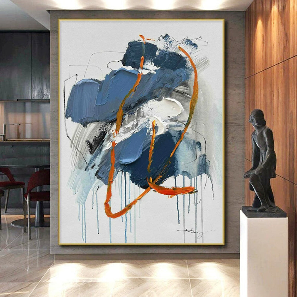 Blue, Orange, White Fluid Drips “Coastal Energy” - Painting On Canvas PS0807