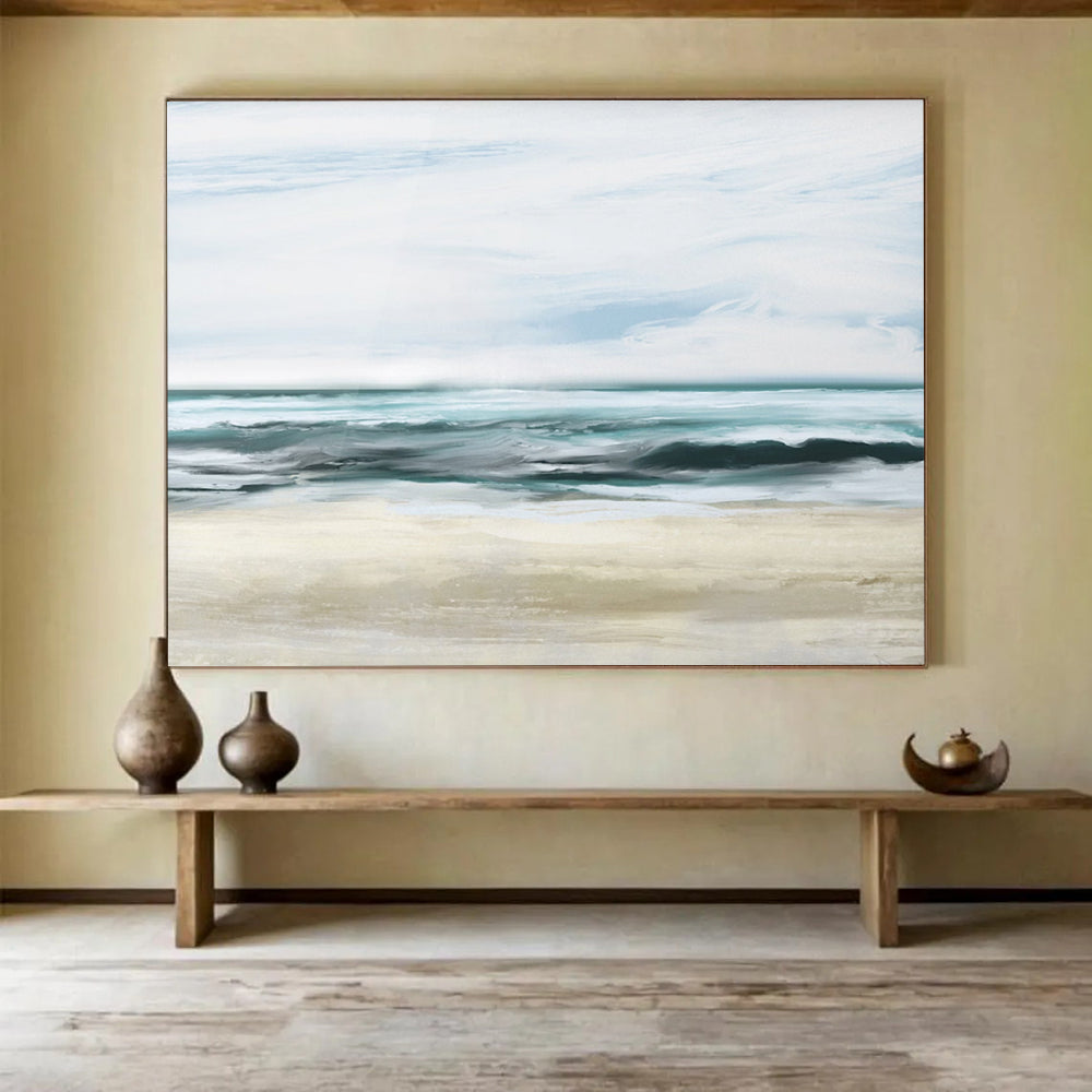 “Soft Blue and Beige Seaside Landscape” - Impressionistic Seascape Painting On Canvas PT128