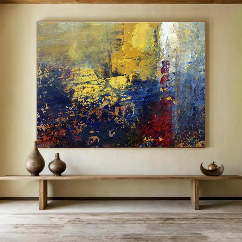 “Golden - Blue Abstract Vista” - Gold, Blue & Purple Abstract, Impasto Oil Painting On Canvas DKS722