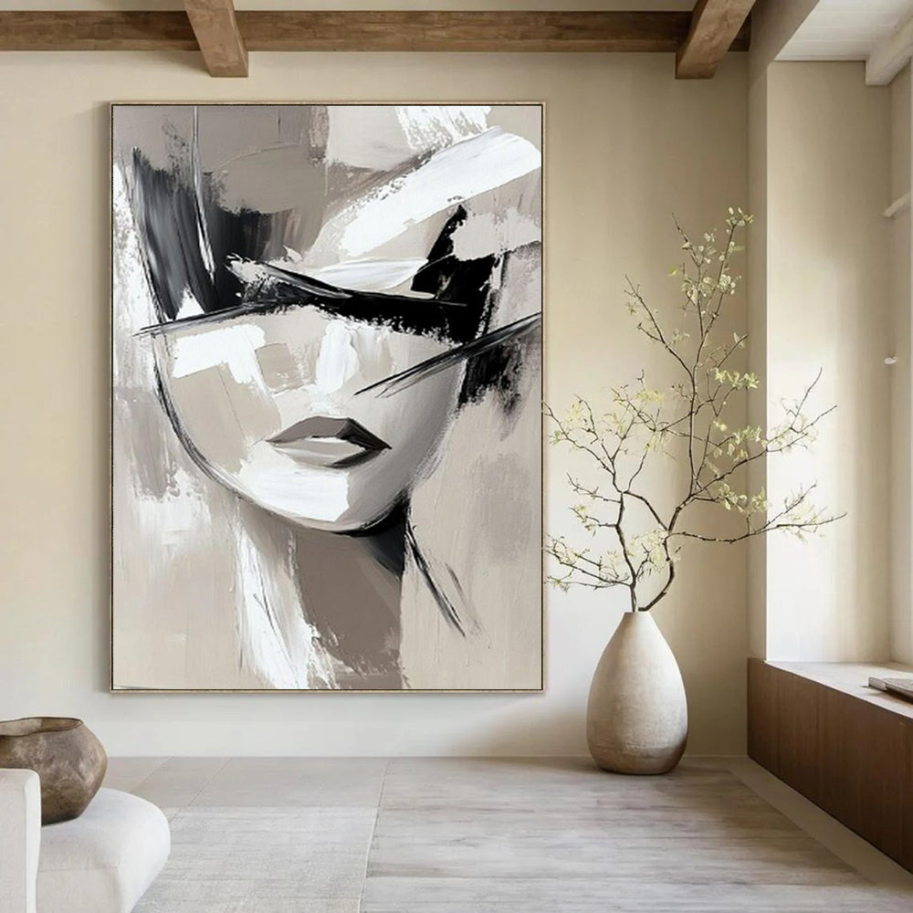 “Monochrome Abstract Face” - Minimalist Acrylic Painting On Canvas PT2193