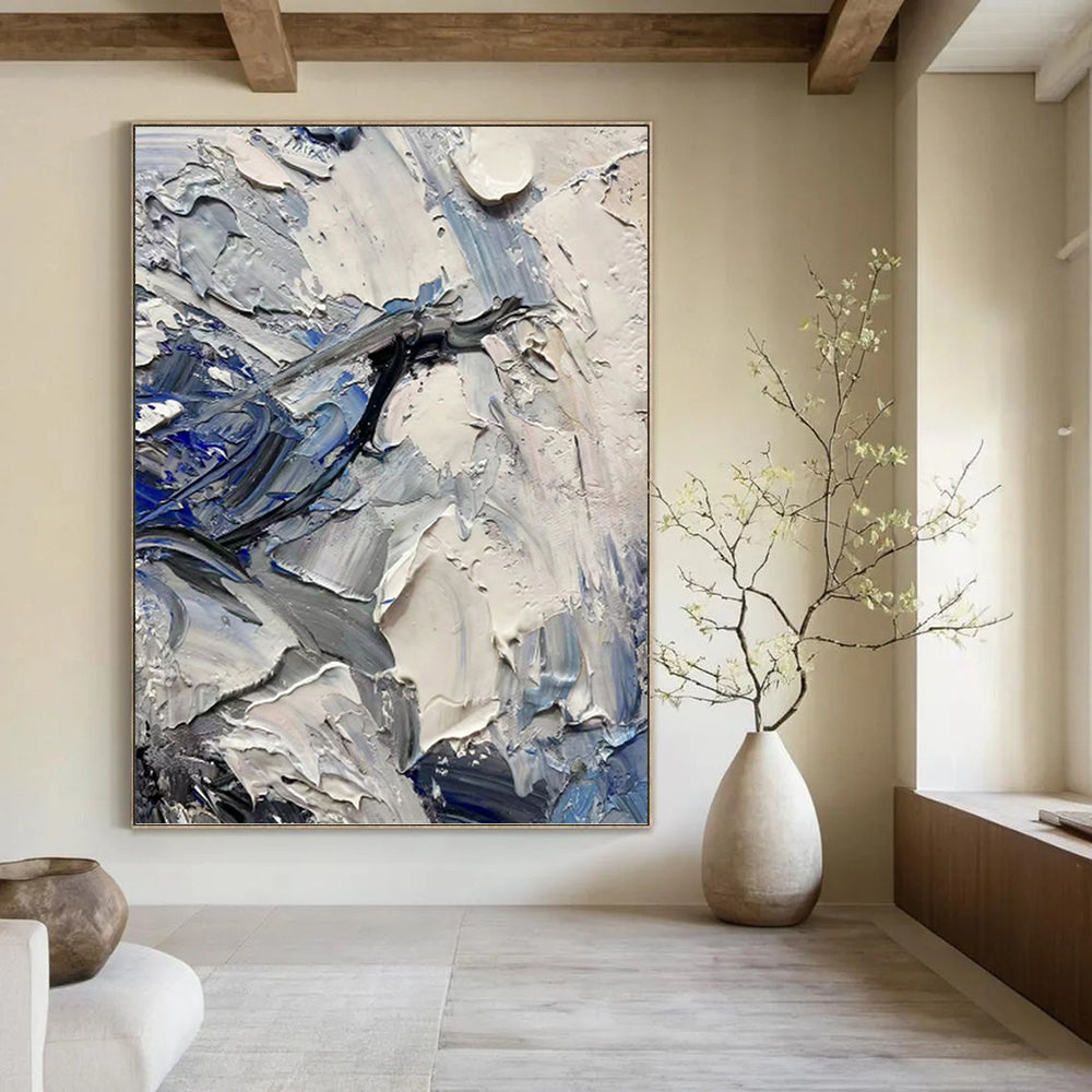 “Blue - Grey Textured Abstract” - Palette - Knife Abstract Painting On Canvas PT1257