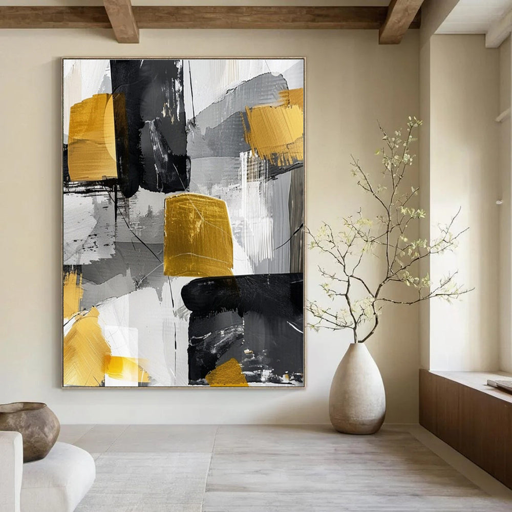 Gray, Gold, Black with Abstract Blocks "Gilded Geometry" Abstract Painting On Canvas PS1279