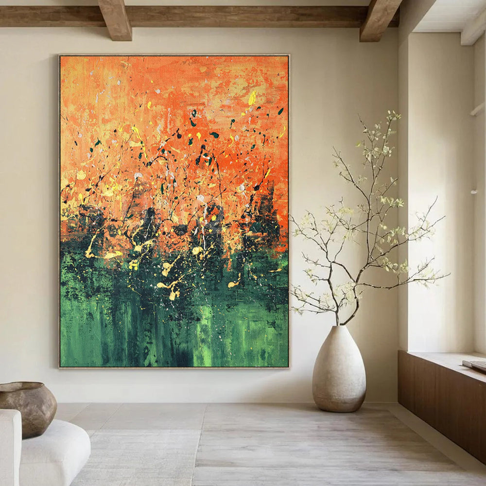 “Vibrant Orange and Green Abstract Splatter” - Abstract Expressionist Painting On Canvas PT1939