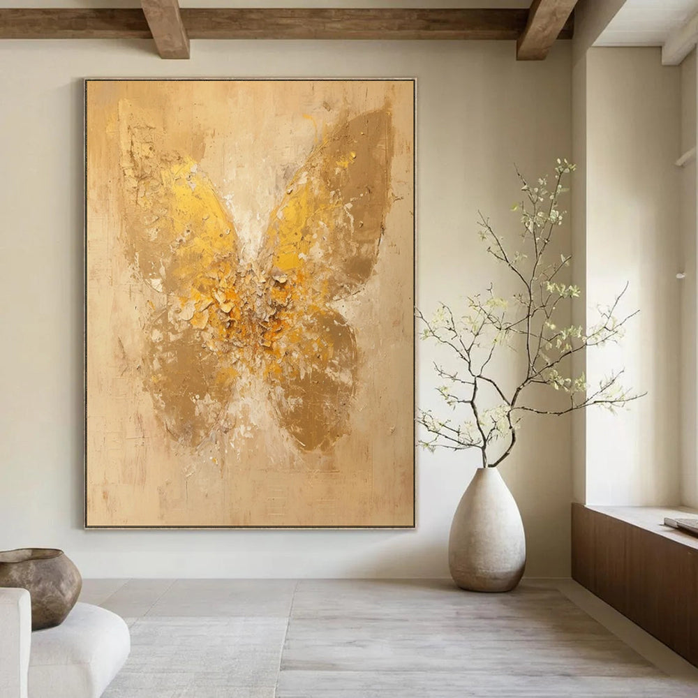 “Textured Gold Butterfly on Beige” - Abstract Insect Painting On Canvas PT1899