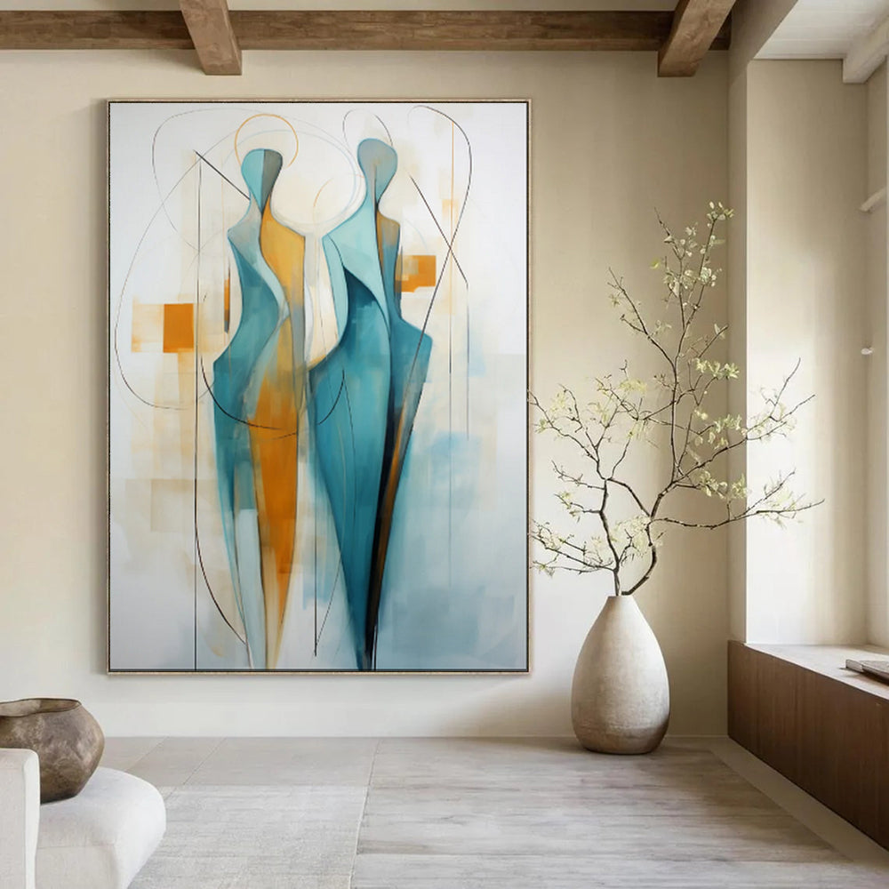 “Abstract Blue and Orange Human Forms” - Figurative Abstract Painting On Canvas PT1888