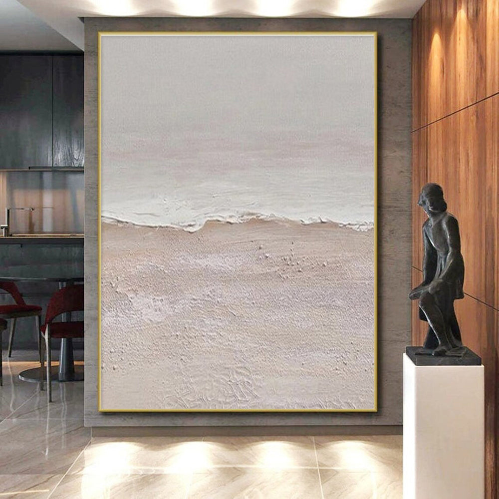 “Textured Beach Shore” - Beige, White Abstract Seascape Painting On Canvas PS0666