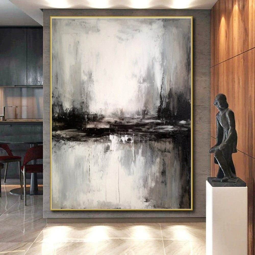 “Monochrome Mist Reflection” - Black, White, Gray Abstract Landscape Painting On Canvas PS0623