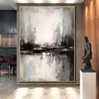 “Monochrome Mist Reflection” - Black, White, Gray Abstract Landscape Painting On Canvas PS0623