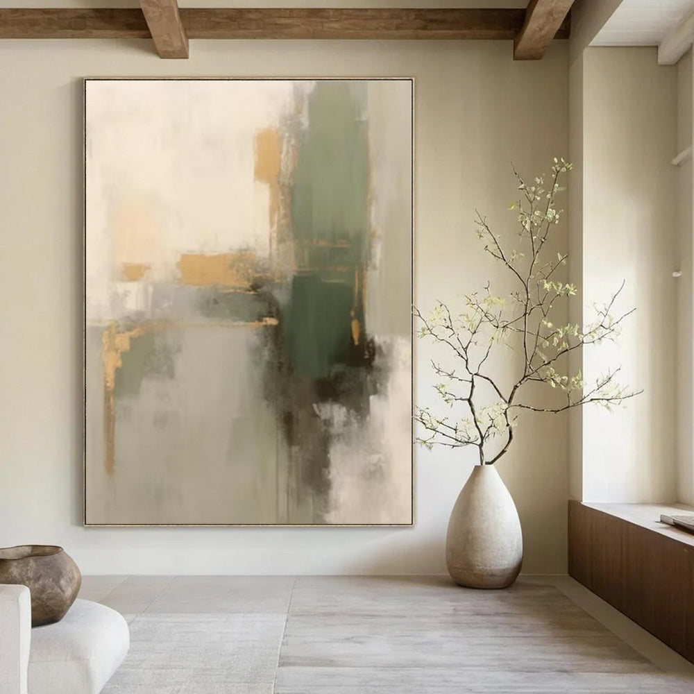 Gray, Gold, Green with Abstract Shapes "Gilded Greens" Abstract Painting On Canvas PS1288
