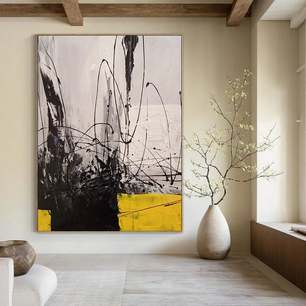 Black - White - Yellow Dynamic Lines Abstract Expressionist Painting On Canvas DS053
