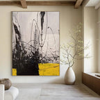Black - White - Yellow Dynamic Lines Abstract Expressionist Painting On Canvas DS053