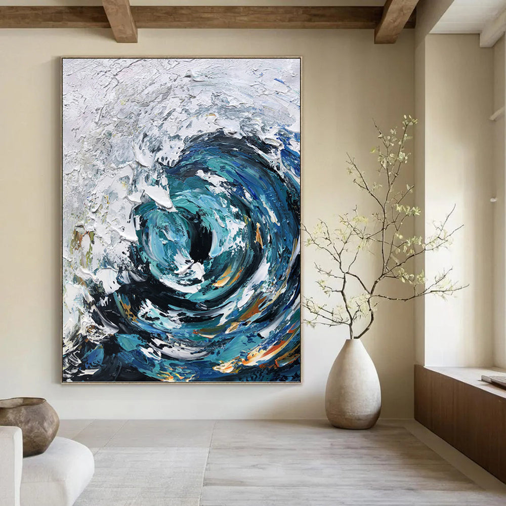 “Blue - White Swirling Wave” - Impasto Seascape Painting On Canvas PT1295