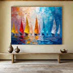 “Colorful Sailboats at Sea” - Impasto Oil Painting On Canvas DKS800