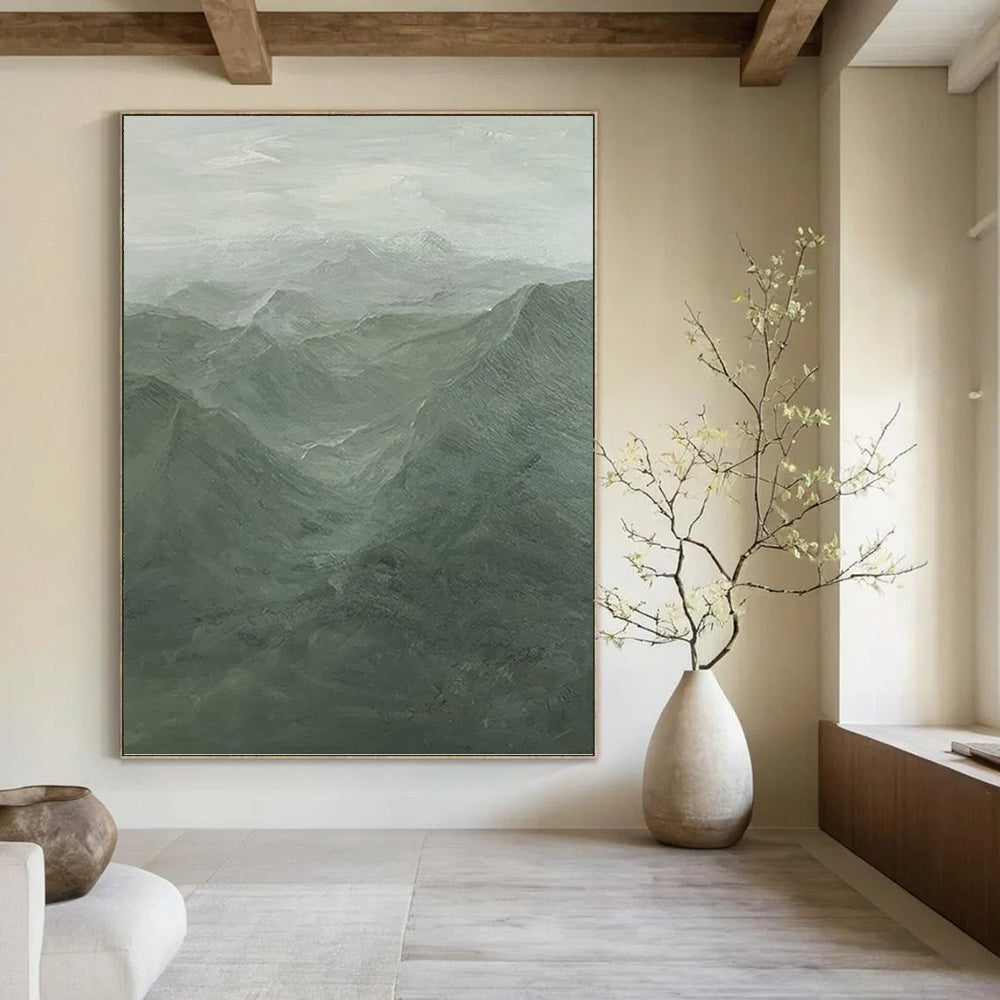 “Misty Green Mountain Range” - Landscape, Green - Toned Painting On Canvas PT1497