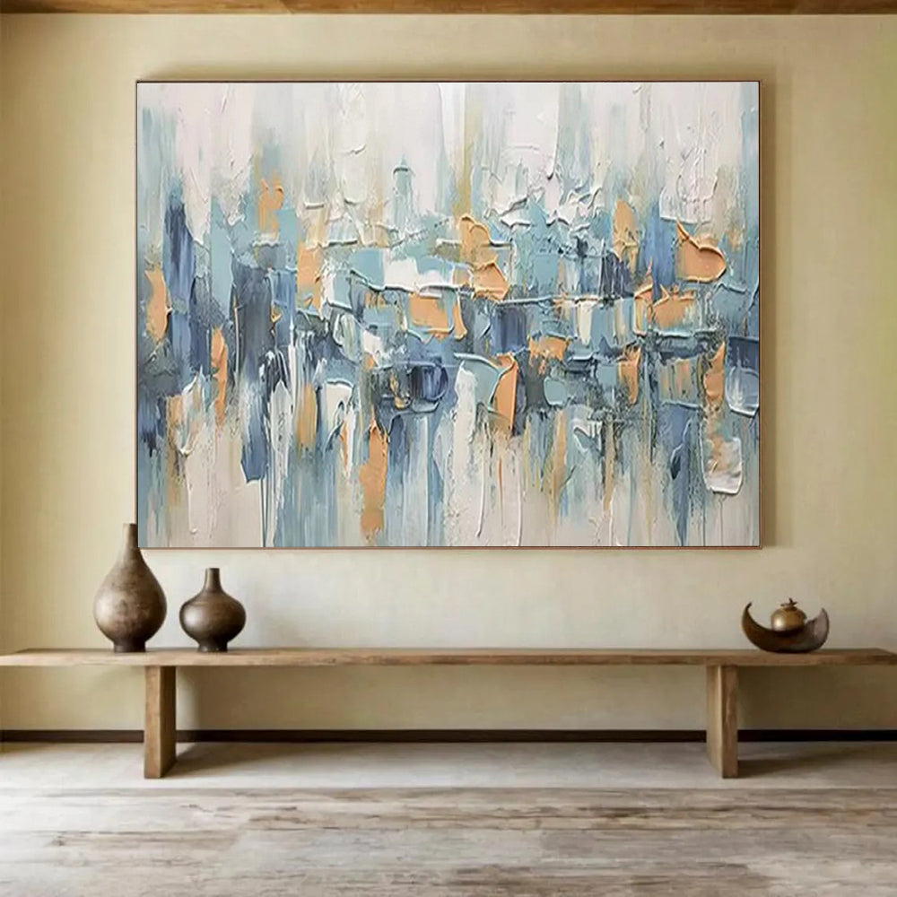 “Urban Rhythms” - Blue, Gray & Orange Abstract Cityscape, Textured City Oil Painting On Canvas DKS685