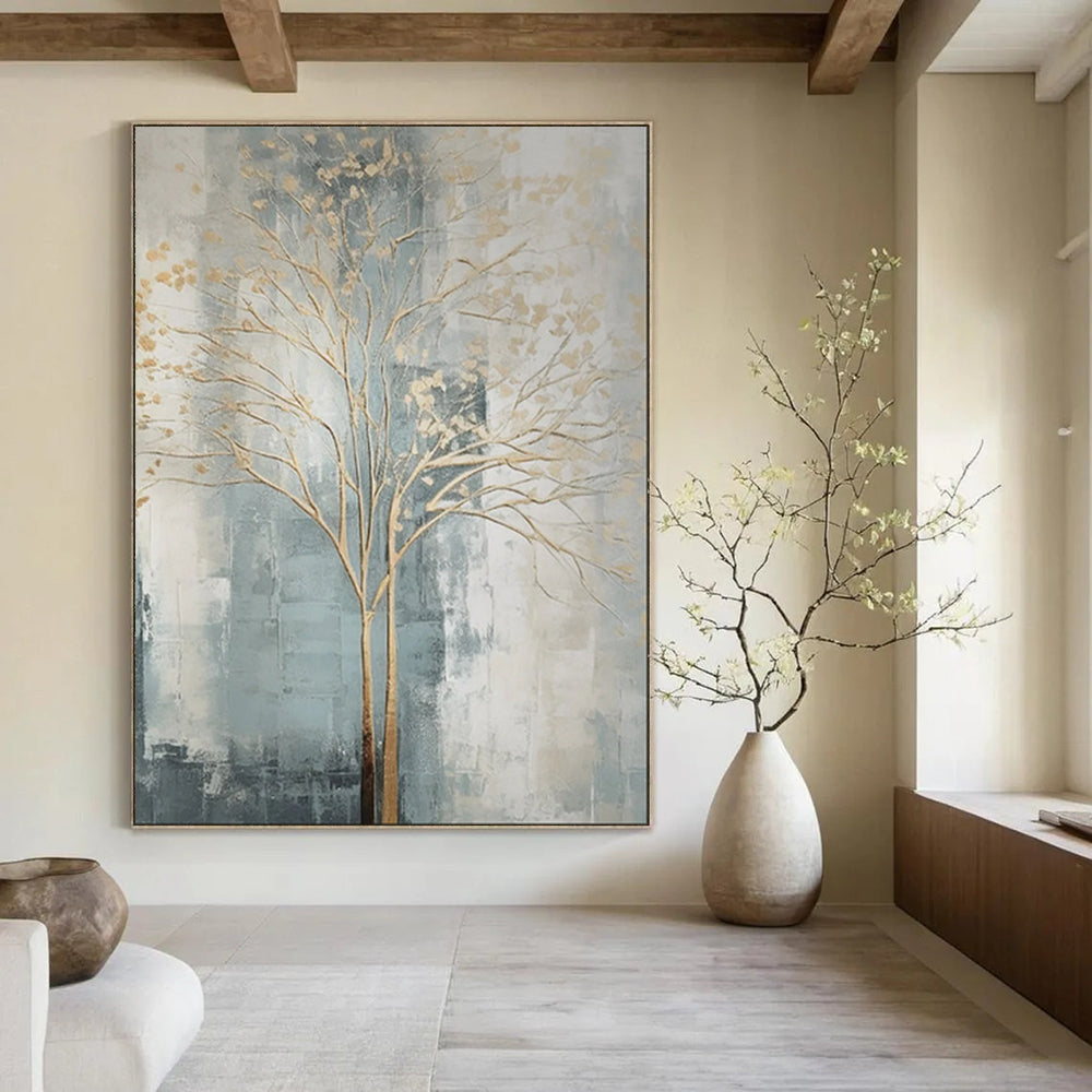 “Gold Tree on Gray - Blue Abstract” - Modern Abstract Painting On Canvas PT1838