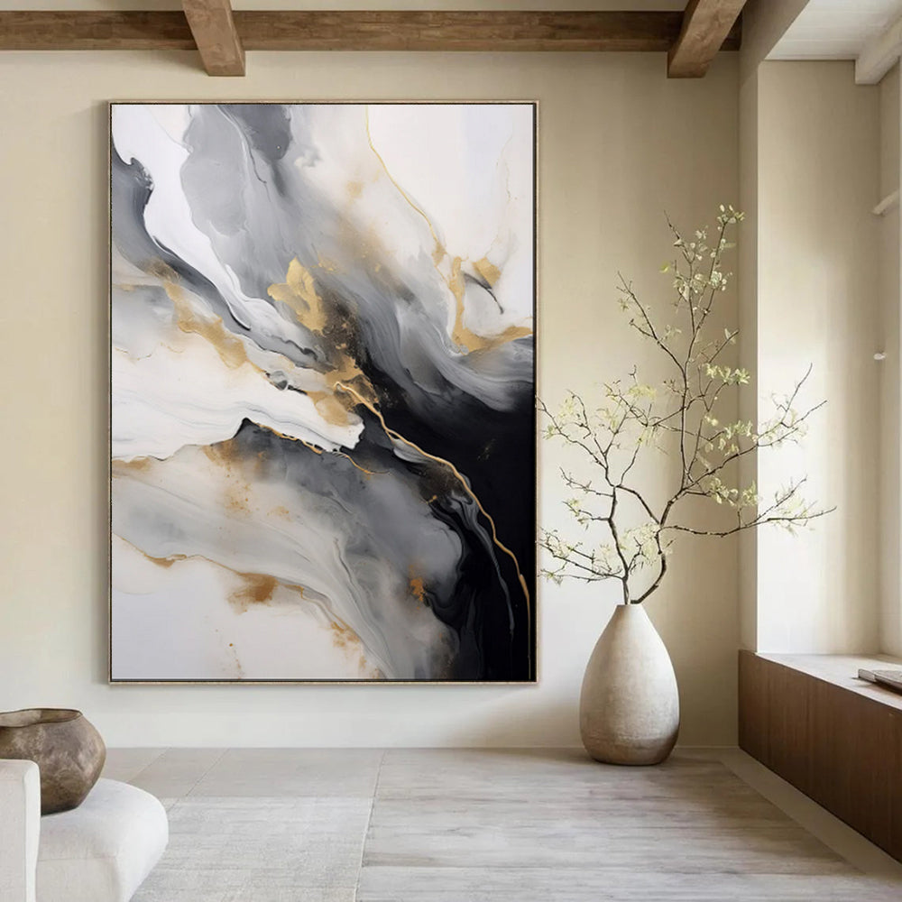 “Monochrome - Gold Abstract Fluid Swirls” - Abstract Painting On Canvas PT2066