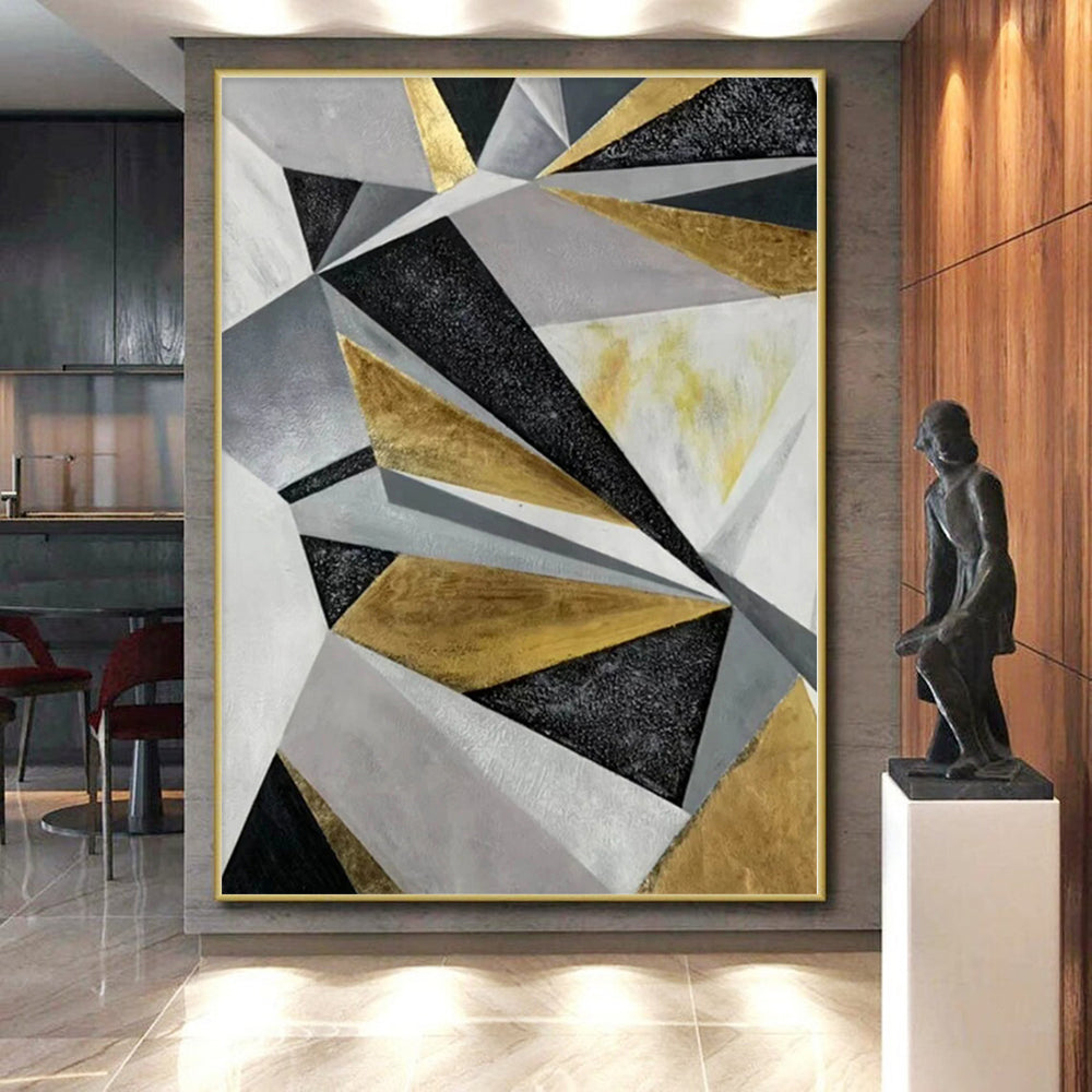 “Gold - Silver - Black Abstract Geometric Patterns” - Luxe Abstract Painting On Canvas PS0329