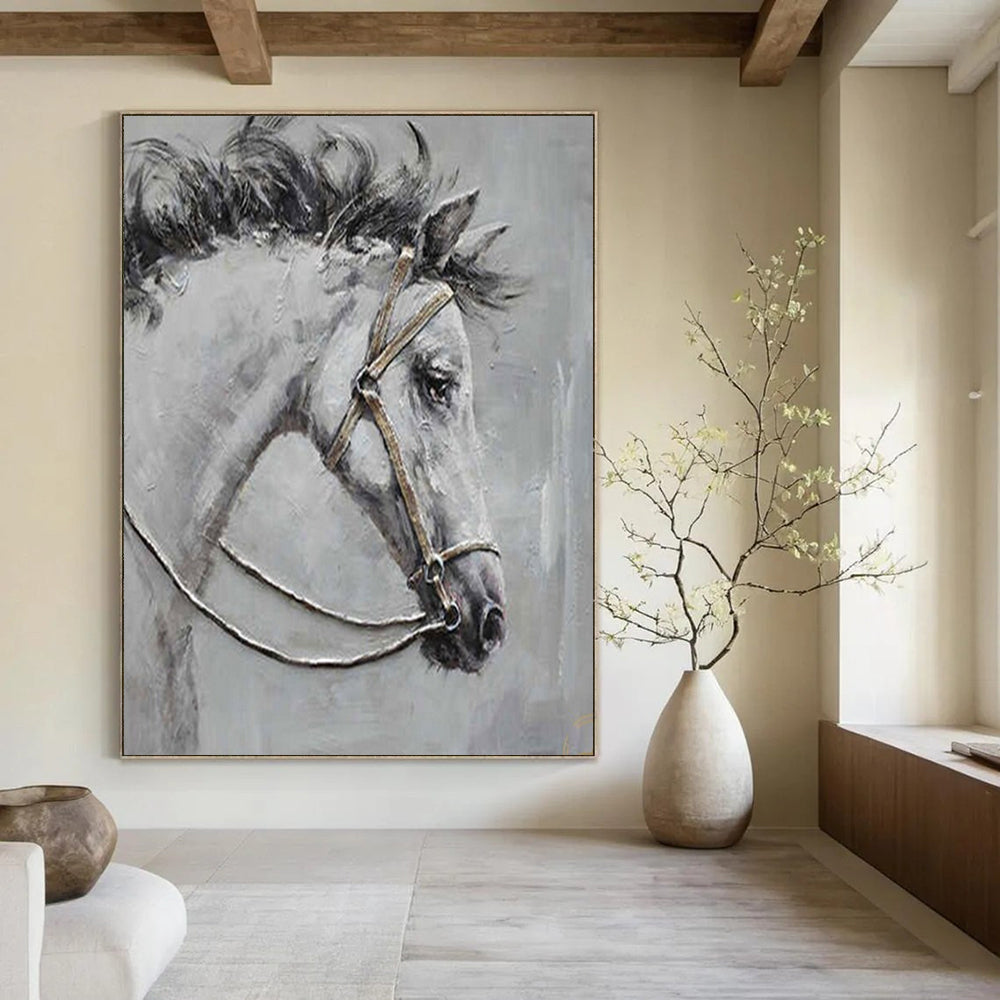 “Gray Horse with Bridle” - Textured Oil Painting On Canvas PT2179