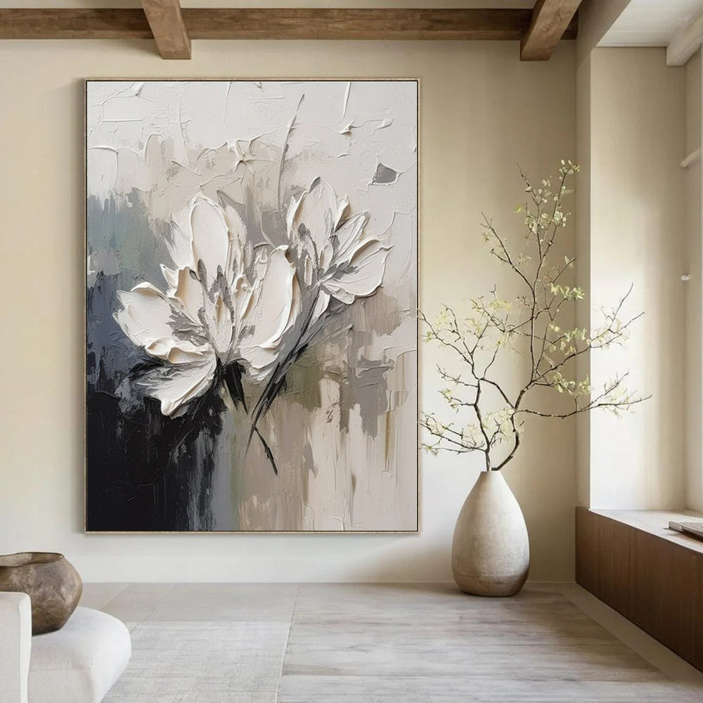 White Flowers with Gray Background "Textured Blossoms" Impressionist Painting On Canvas PS1342
