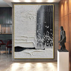 “Tactile White - Black Abstract with Raised Lines” - Textured Abstract Painting On Canvas PS0280