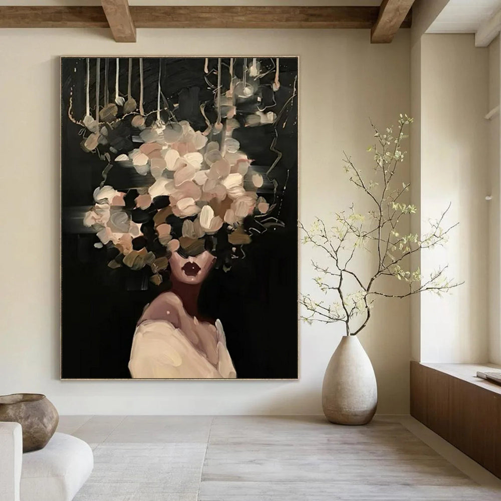 “Black, Beige, and White Floral Head” - Mysterious Figurative Painting On Canvas DS326