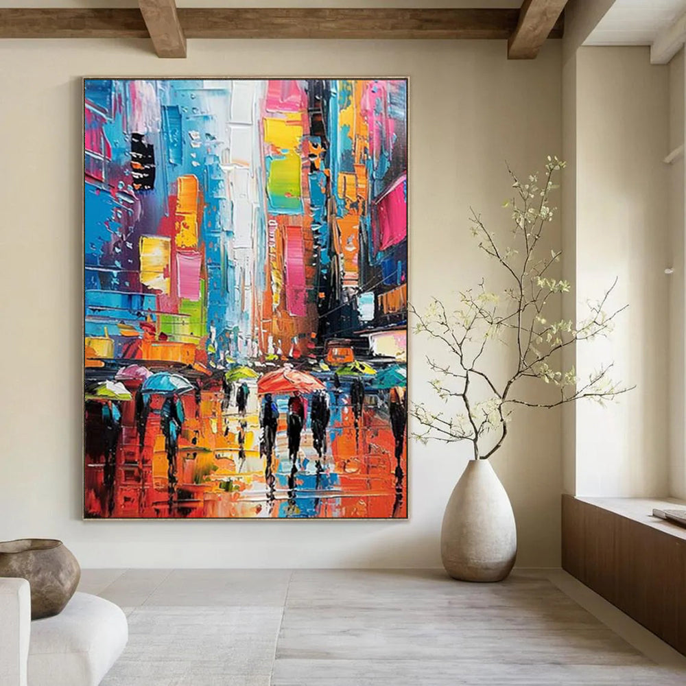 “Colorful Impasto City Street Scene” - Impasto Cityscape Painting On Canvas PT1911