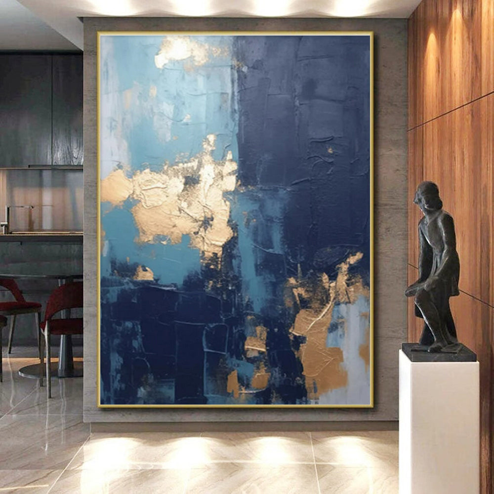 “Teal - Navy - Gold Abstract Textured Splashes” Painting On Canvas PS0837