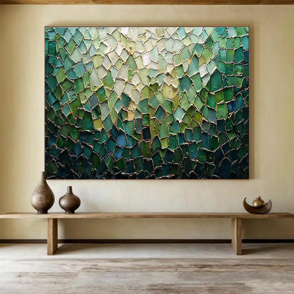 “Green Mosaic Tapestry” - Green, Blue & Gold Abstract, Mosaic - Style Mixed Media On Canvas DKS759