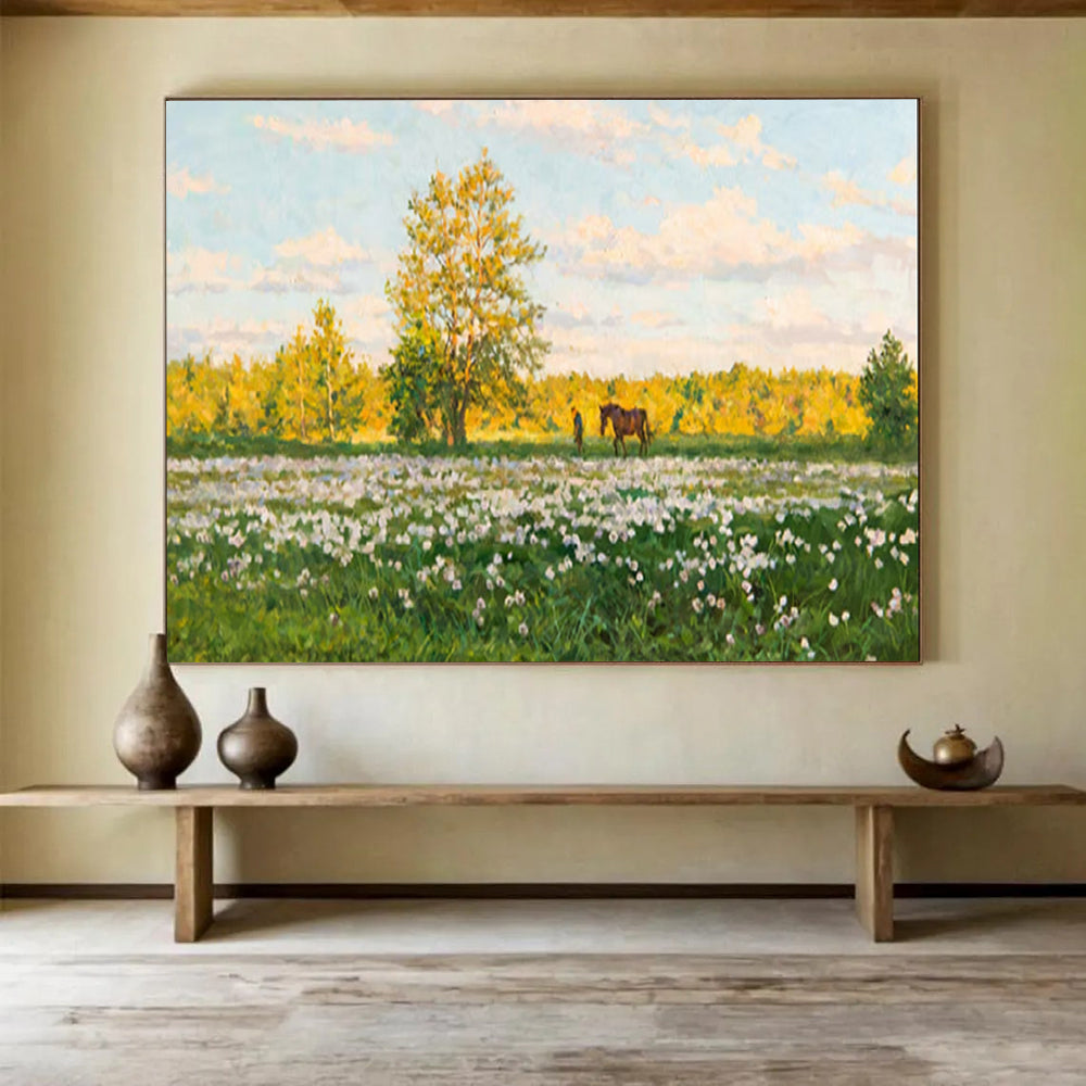 “Sunny Meadow with Horse” - Realistic Landscape Painting On Canvas PT216
