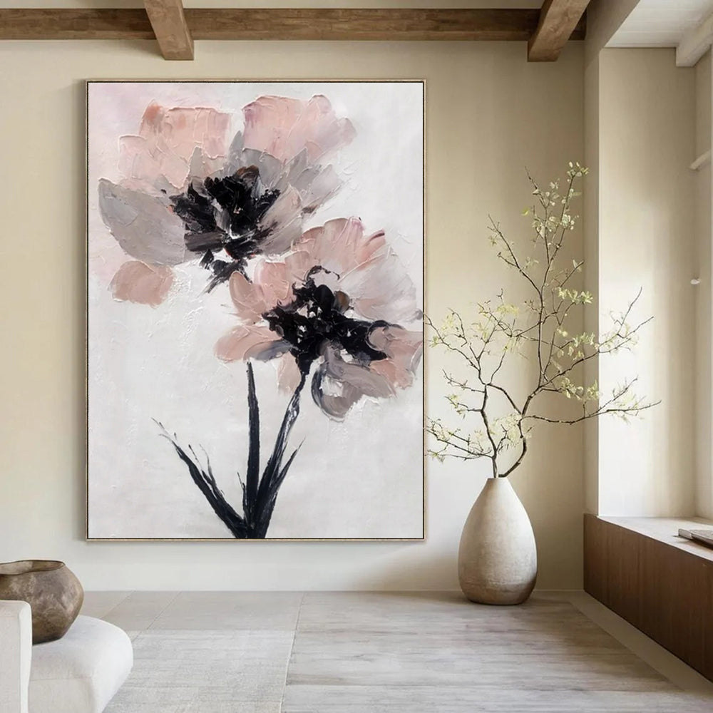 White, Pink, Gray, Black with Floral Forms "Textured Blooms" Abstract Painting On Canvas PS1428
