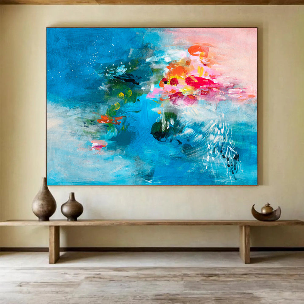 Blue & Pink Floral - Inspired Abstract Painting On Canvas DKS030