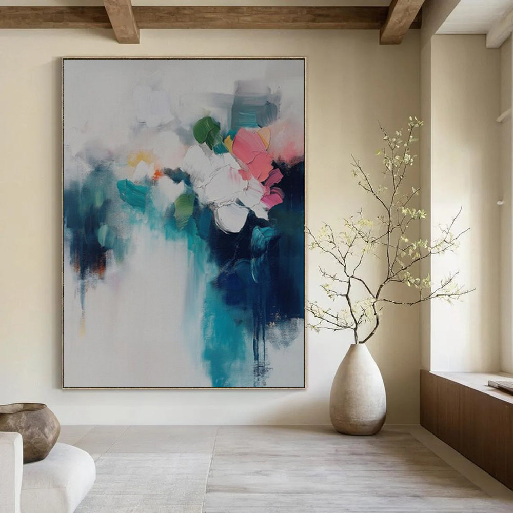 Soft White, Teal, Pink and Green with Abstract Florals "Petal Mist" Abstract Painting On Canvas PS1182