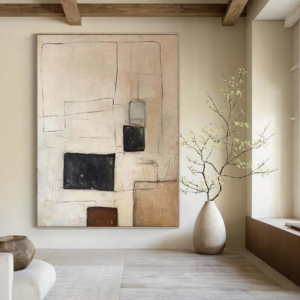 “Beige - Black - Brown Geometric” - Subtle Abstract Painting On Canvas PS0159