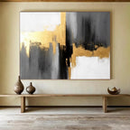 “Gray - Gold Abstract Blocks” - Metallic Accents “Urban Gleam” Painting On Canvas PT1648