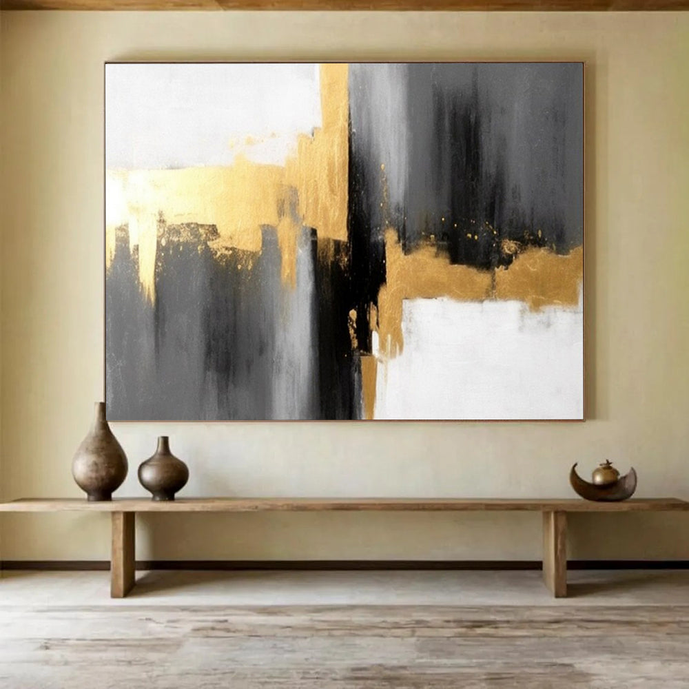 “Gray - Gold Abstract Blocks” - Metallic Accents “Urban Gleam” Painting On Canvas PT1648